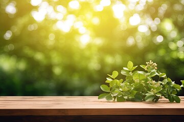 Wall Mural - Spring Flowers, Leaves, and Plants on Wooden Table Against Green Blur Bokeh Background