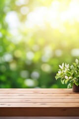 Wall Mural - Spring Flowers, Leaves, and Plants on Wooden Table Against Green Blur Bokeh Background