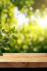 Wall Mural - Spring Flowers, Leaves, and Plants on Wooden Table Against Green Blur Bokeh Background
