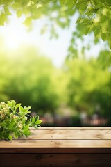 Wall Mural - Spring Flowers, Leaves, and Plants on Wooden Table Against Green Blur Bokeh Background