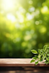 Wall Mural - Spring Flowers, Leaves, and Plants on Wooden Table Against Green Blur Bokeh Background