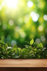 Wall Mural - Spring Flowers, Leaves, and Plants on Wooden Table Against Green Blur Bokeh Background