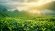 Tea plantation in the early morning, during sunrise, with a foggy background.