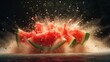 Pieces of watermelon with splashes and drops on dark background