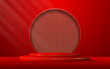 Red podium with elegant gold lines and a brown slatted backdrop set in a circular window for displaying advertisements. Display of cosmetic products. Stage or podium. vector illustration