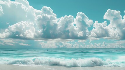 Wall Mural - Beautiful Tropical Sea Beach with Blue Sky, White Clouds, and Reflection Summer Vacation Paradise Travel Landscape Wallpaper Background