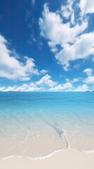 Wall Mural - Beautiful Tropical Sea Beach with Blue Sky, White Clouds, and Reflection Summer Vacation Paradise Travel Landscape Wallpaper Background