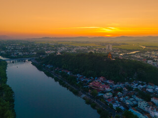 Wall Mural - Aerial view of Nhan temple, tower is an artistic architectural work of Champa people in Tuy Hoa city, Phu Yen province, Vietnam. Sunset view