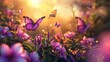 colorful purple tropical butterflies flying over bright flowers at sunrise. bright summer background 