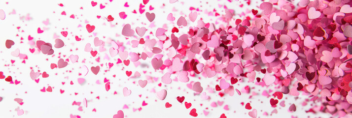 Wall Mural - Red and pink heart love confettis. Valentine's day or mother's day gradient background. Falling transparent hearts confetti on white background.