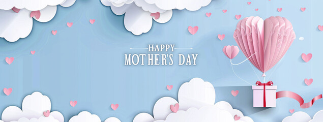 Wall Mural - Happy Mother's Day background with paper art heart balloon and gift box