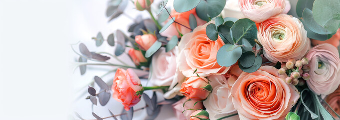 Wall Mural - Bouquet of pink roses and eucalyptus branches on white background. Flat lay, top view. Mother's day background.
