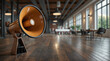 Large megaphone standing on floor in modern business office. Loudspeaker announcing message of success, agitation, news, or marketing