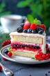 Cake slice with berries fruits dessert on a plate with coffee portrait format