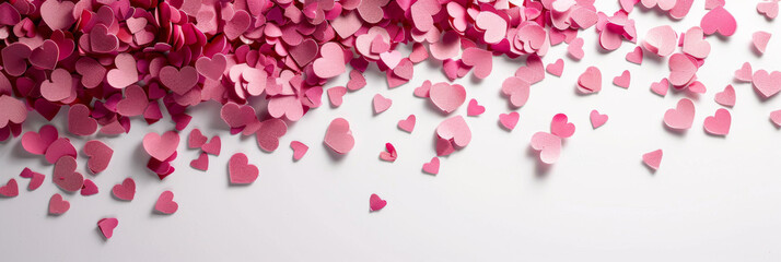Wall Mural - Red and pink heart love confettis. Valentine's day or mother's day gradient background. Falling transparent hearts confetti on white background.