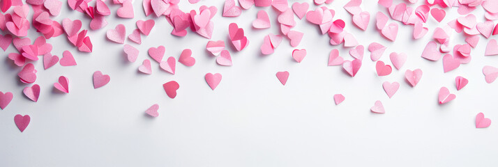 Wall Mural - Red and pink heart love confettis. Valentine's day or mother's day gradient background. Falling transparent hearts confetti on white background.