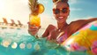 A joyful woman in vibrant swimwear enjoys a tropical drink while floating in a pool, embodying the essence of a summer getaway.