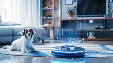 A Curious Puppy Watches A Robot Vacuum Cleaner In Action, Highlighting The Interaction Between Pets And Smart Home Devices. The Concept Of Cleaning, Cleanliness And Hygiene In A Modern Home