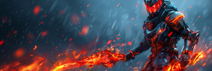 Wall Mural - a man in a costume is holding a sword and standing in a fiery explosion