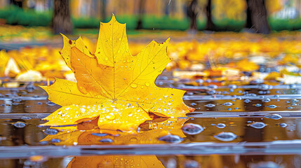 Wall Mural - A leaf is floating on a puddle of water