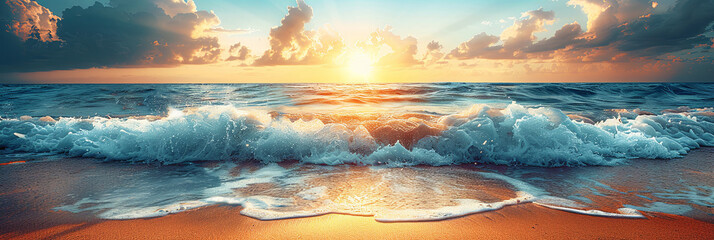 Wall Mural - The ocean is calm and the sun is setting, creating a beautiful