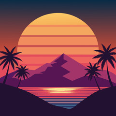 Wall Mural - sunset with palm tree vector illustration