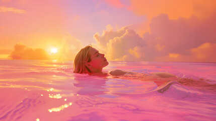 Wall Mural - Blonde Beauty in 20s Swimming in Pink Olive Oil