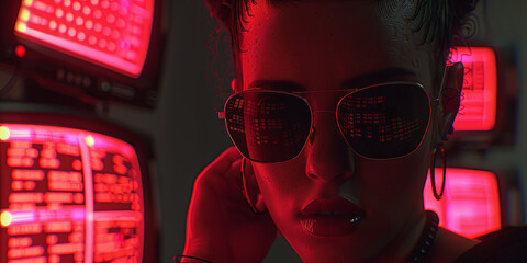 Poster - A woman wearing sunglasses and a necklace is talking on a cell phone