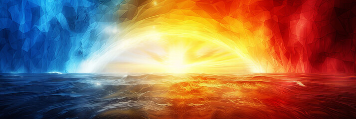 Wall Mural - a colorful painting of a sunrise over the ocean with a red and blue sky