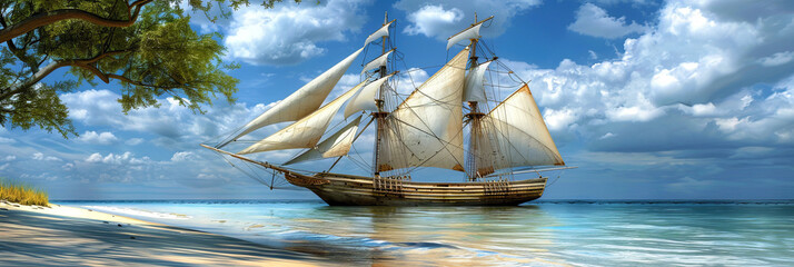 Wall Mural - A large white sailboat is sailing in the ocean