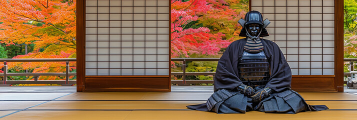 Wall Mural - a statue of a samurai sits on a mat in front of a window