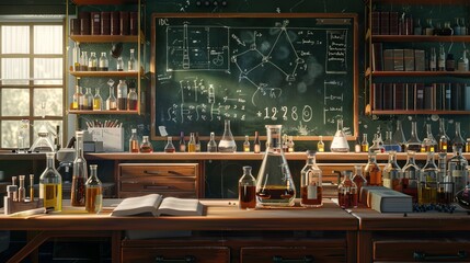 A chemistry classroom with a teacher's desk, lab equipment, and a blackboard full of formulas. There are bottles of chemicals on the shelves for science and education.