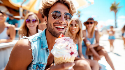 A group of friends enjoying ice cream cones outdoors, laughing and having fun together on the city street or beach.