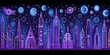 A city skyline with a purple background and a starry sky