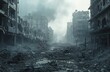 A desolate city street with rubble and debris, and a thick, hazy smoke in the air