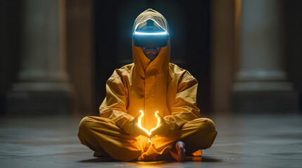 Wall Mural - A man in a yellow jumpsuit is holding a glowing object in his hands