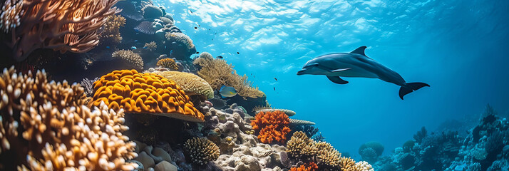 Poster - A dolphin swims through a coral reef