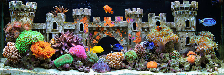 Wall Mural - A colorful aquarium with a castle and fish