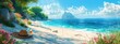 Craft a photorealistic digital rendering showcasing a panoramic view of a sandy beach, complete with a clipart beach bag bursting with essentials such as a floppy hat, a refreshing drink, and a good b