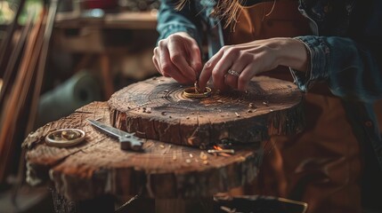 Wall Mural - A woman is making a ring on a wooden table. The picture is taken from a close angle.