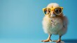 photo of a cute happy baby chicken wearing yellow sunglasses on a blue background