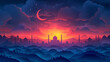 Flat style illustration of islamic city skyline with mosque and minarets against a night sky.