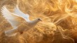 White dove amidst fire a stark symbol of peace against a tapestry of abstract golden hues