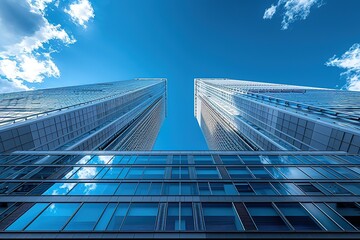 Two tall buildings stand side by side, one with glass windows and the other covered in white metal.