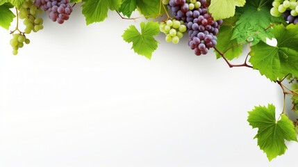 grapevine fruits and leaves as border on white background with copy space