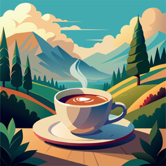 Poster - A cup of coffee is sitting on a white plate on a wooden table in front of a mountain range. The scene is peaceful and serene, with the mountains in the background