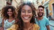 Diverse multiracial friends group taking selfie pic with smartphone outside - Happy young people having fun walking on city street - Friendship concept with guys and girls enjoying summertime day outs