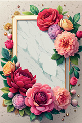 Canvas Print - A frame with a white background and a colorful bouquet of flowers. The flowers are arranged in a way that they look like they are blooming out of the frame. The frame is gold