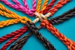 Team rope diverse strength connect partnership together ,close up of a rope with a knot,Colorful ropes tied in intricate knots forming a attractive pattern, showcasing a spectrum of colors