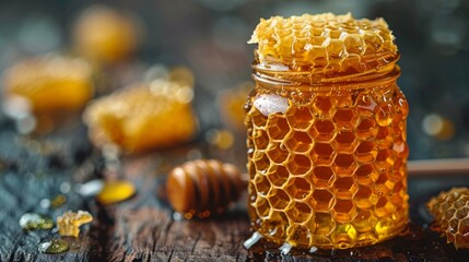 Wall Mural - The wood background is decorated with honeycombs, a jar containing honey, and a dipper